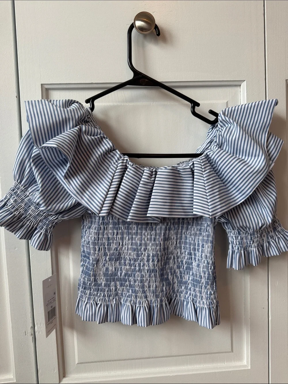 NWT Habitual Kids Striped Blue Off-Shoulder Ruffle Smocked Top size 10